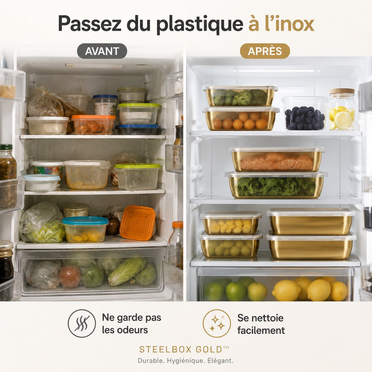 STEELBOX GOLD™ - Ensemble 3 pièces (4,5L + 3L + 1,8L) : Conservez ou présentez vos repas avec luxe
