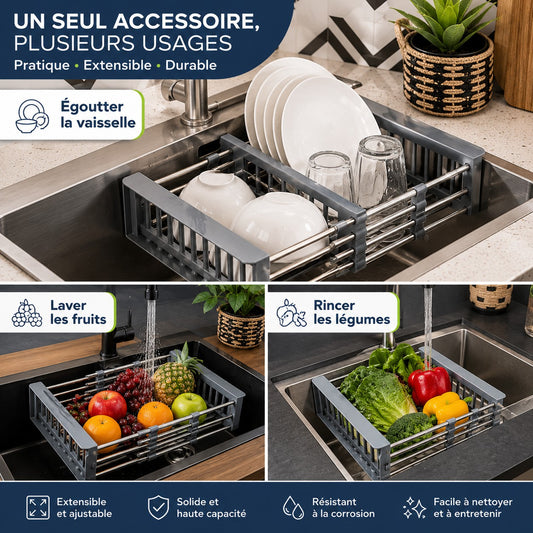 Égouttoir extensible multifonction en acier inoxydable pour évier