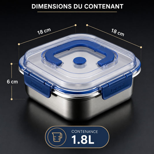 SteelBox Carré™ 1.8L : Le contenant inox premium qui garde vos aliments frais, propres et bien organisés.