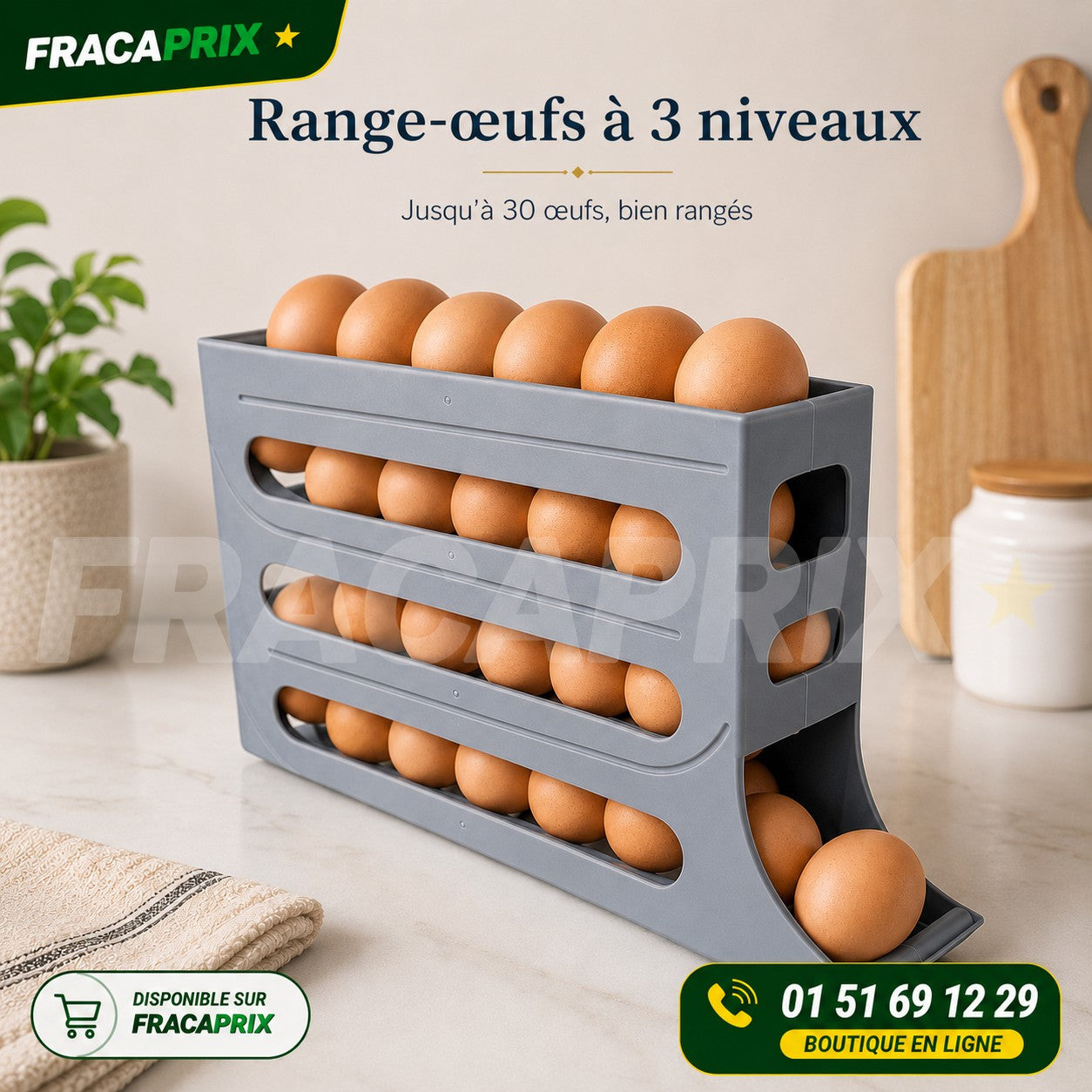 Range-Œufs Distributeur 3 Étages – Rotation Automatique Anti-Casse pour Frigo