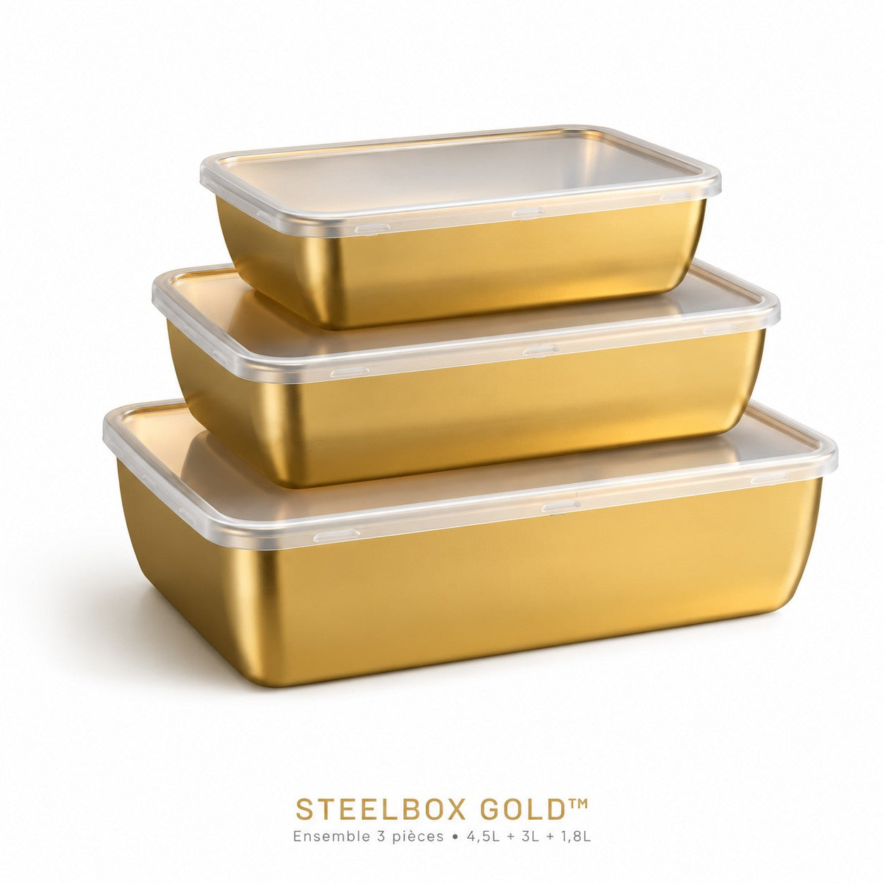 STEELBOX GOLD™ - Ensemble 3 pièces (4,5L + 3L + 1,8L) : Conservez ou présentez vos repas avec luxe