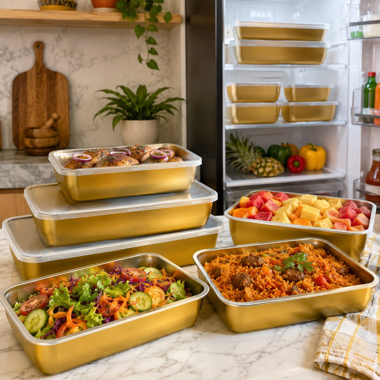 STEELBOX GOLD™ - Ensemble 3 pièces (4,5L + 3L + 1,8L) : Conservez ou présentez vos repas avec luxe