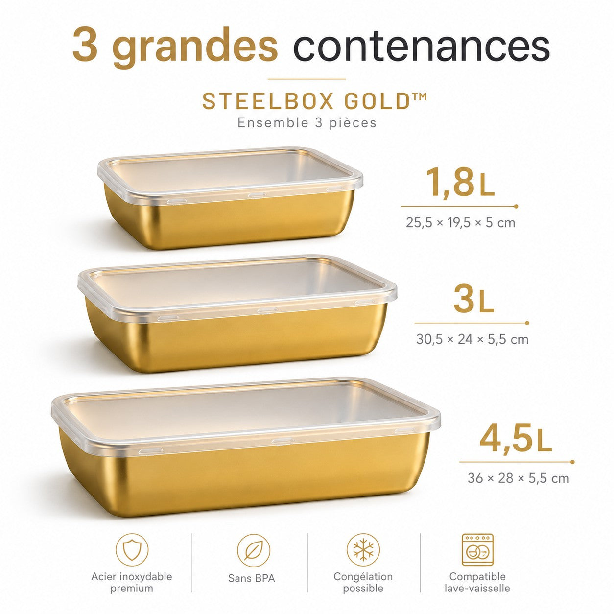 STEELBOX GOLD™ - Ensemble 3 pièces (4,5L + 3L + 1,8L) : Conservez ou présentez vos repas avec luxe