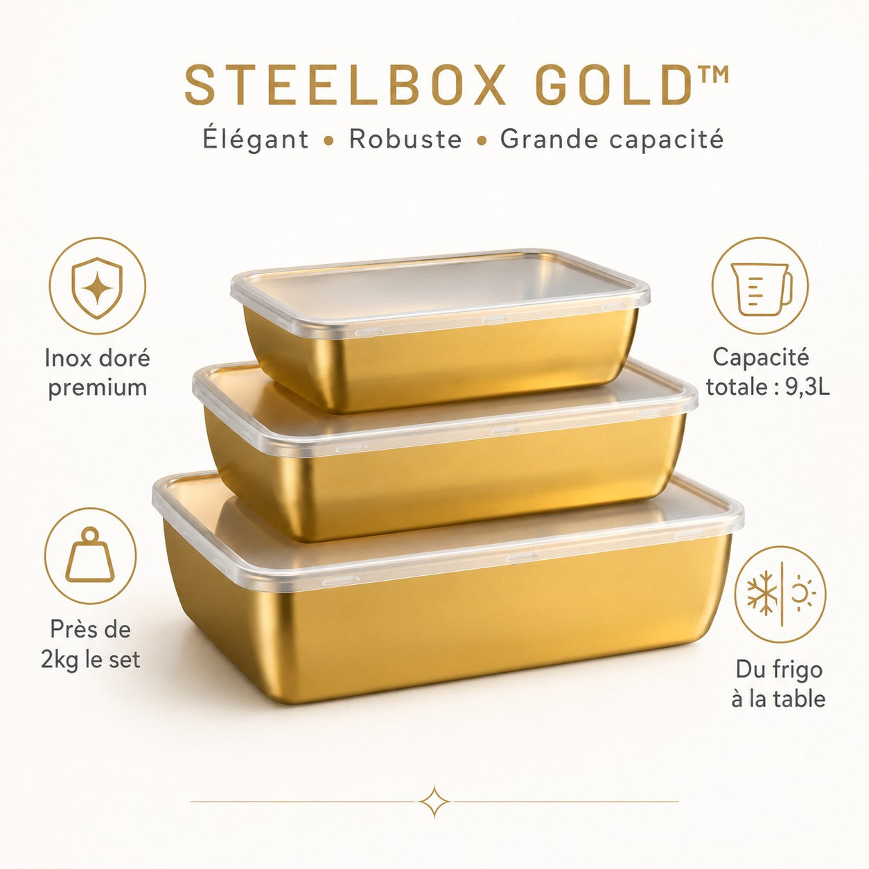 STEELBOX GOLD™ - Ensemble 3 pièces (4,5L + 3L + 1,8L) : Conservez ou présentez vos repas avec luxe