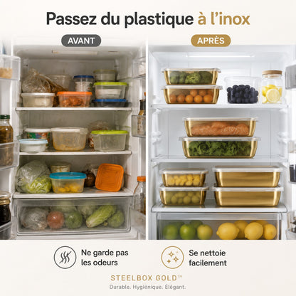 STEELBOX GOLD™ - Ensemble 3 pièces (4,5L + 3L + 1,8L) : Conservez ou présentez vos repas avec luxe