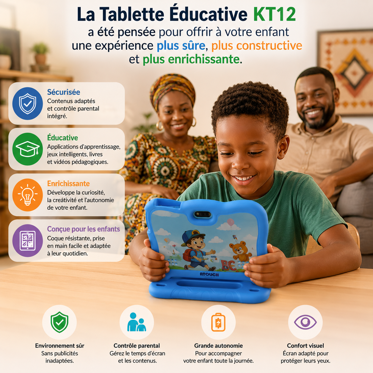 Tablette Éducative KT12 : Transformez le temps d'écran de votre enfant en temps d'apprentissage.