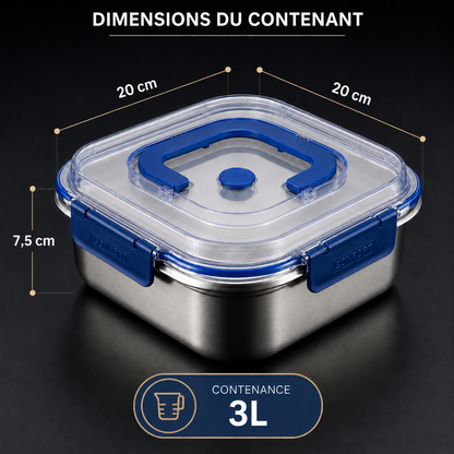 SteelBox Carré™ 3L : Le contenant inox premium qui garde vos aliments frais, propres et bien organisés.