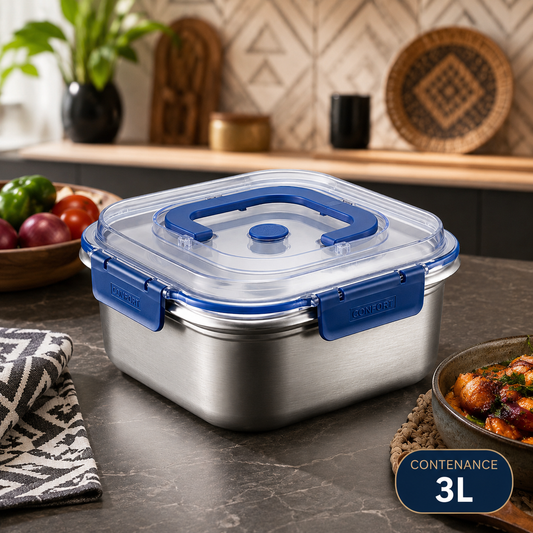 SteelBox Carré™ 3L : Le contenant inox premium qui garde vos aliments frais, propres et bien organisés.