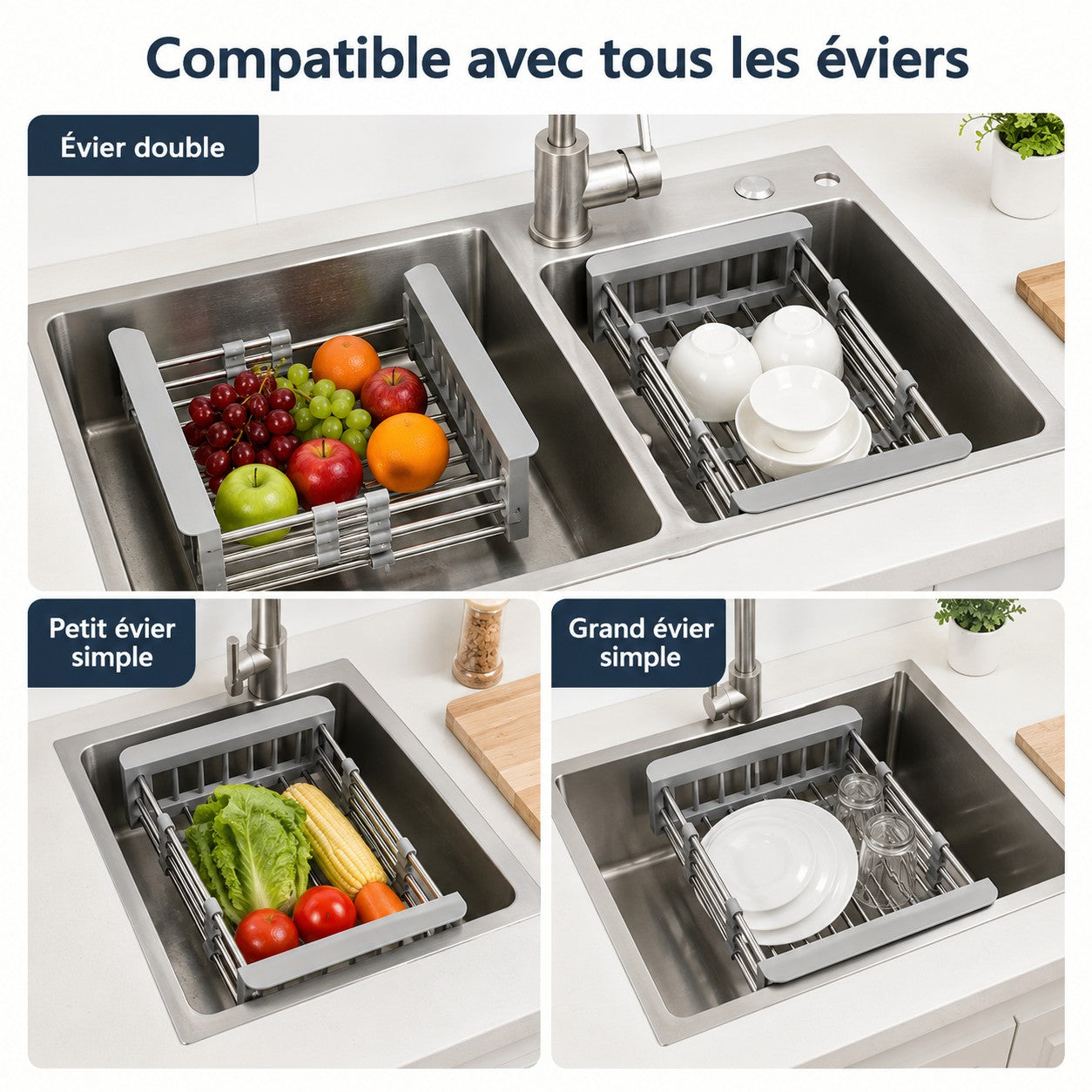 Égouttoir extensible multifonction en acier inoxydable pour évier