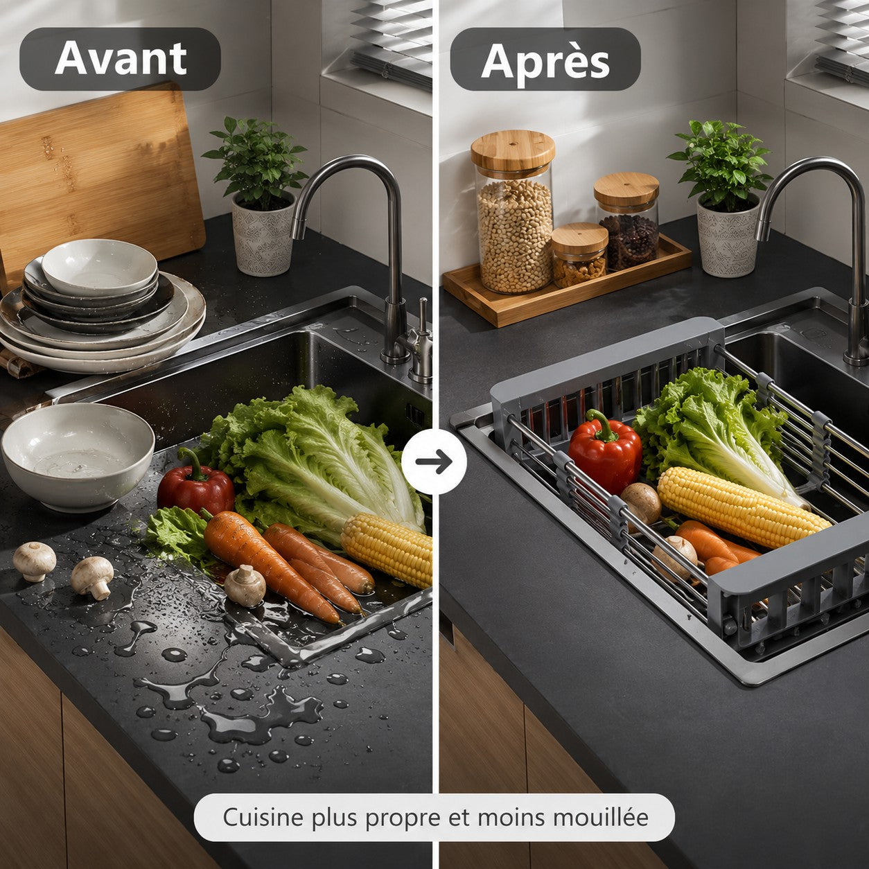 Égouttoir extensible multifonction en acier inoxydable pour évier