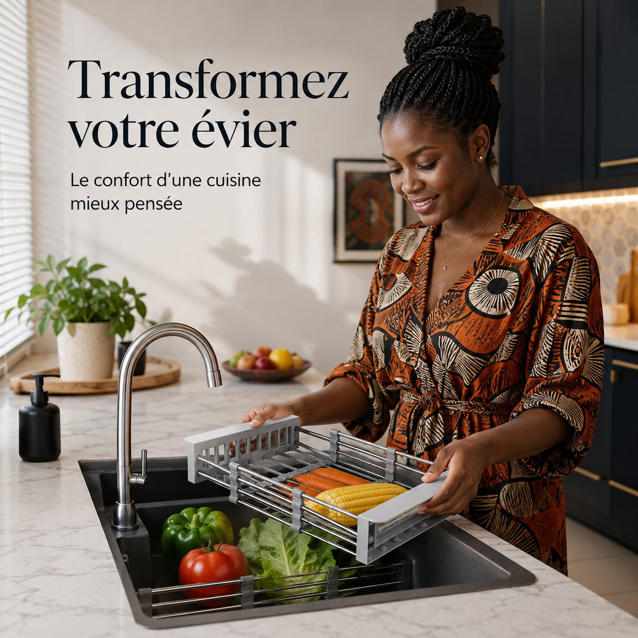 Égouttoir extensible multifonction en acier inoxydable pour évier