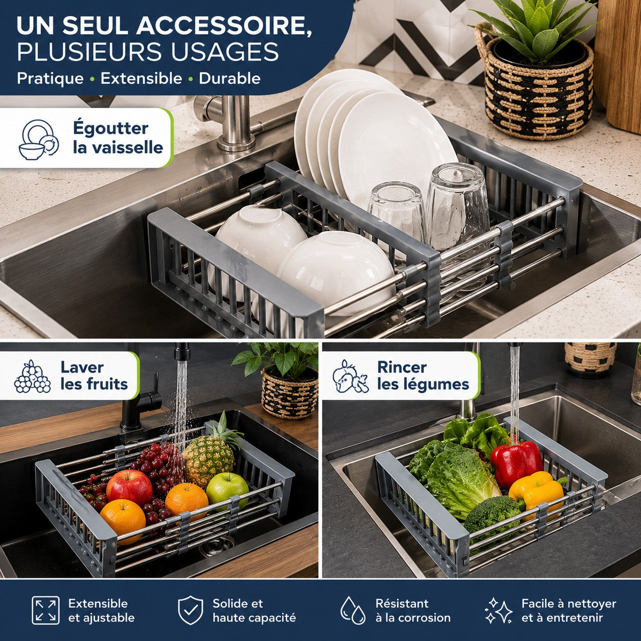 Égouttoir extensible multifonction en acier inoxydable pour évier