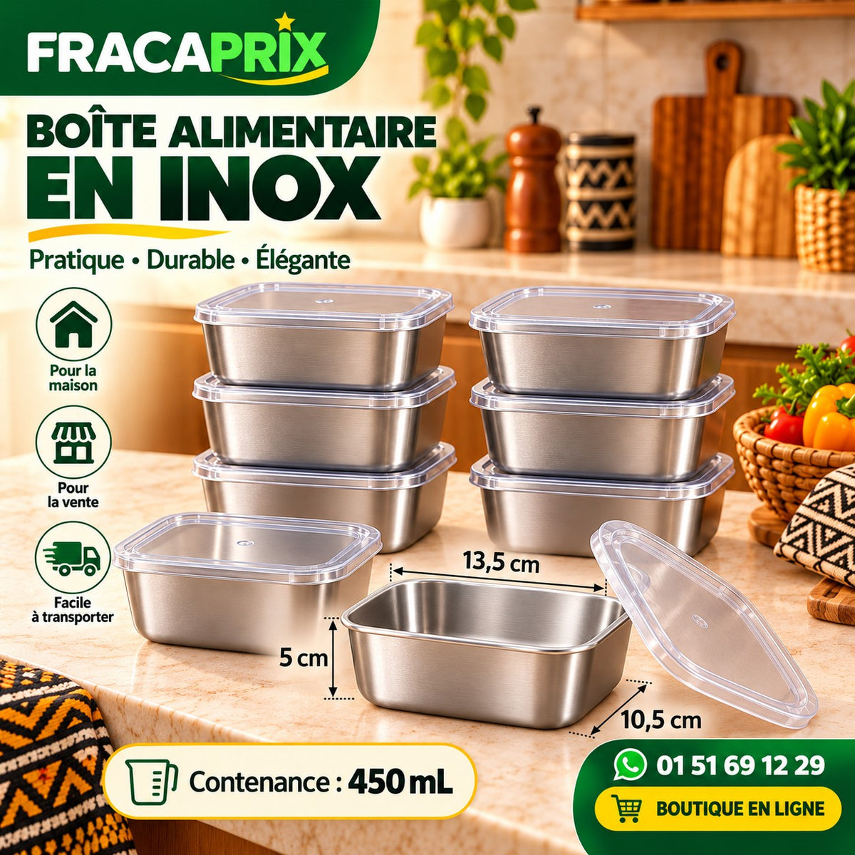 SteelBox Portion™ 450 mL – Boîte Inox avec Couvercle pour Portions & Conservation