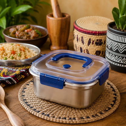 SteelBox Carré™ 1.8L : Le contenant inox premium qui garde vos aliments frais, propres et bien organisés.