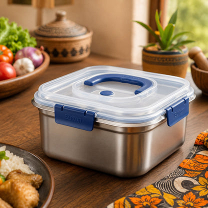 SteelBox Carré™ 1.8L : Le contenant inox premium qui garde vos aliments frais, propres et bien organisés.