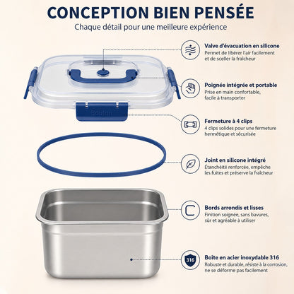 SteelBox Carré™ 1.8L : Le contenant inox premium qui garde vos aliments frais, propres et bien organisés.