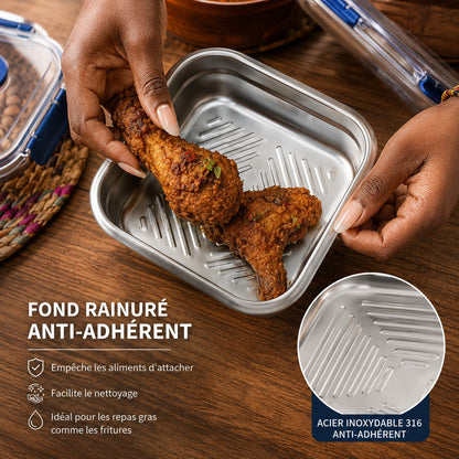 SteelBox Carré™ 1.8L : Le contenant inox premium qui garde vos aliments frais, propres et bien organisés.