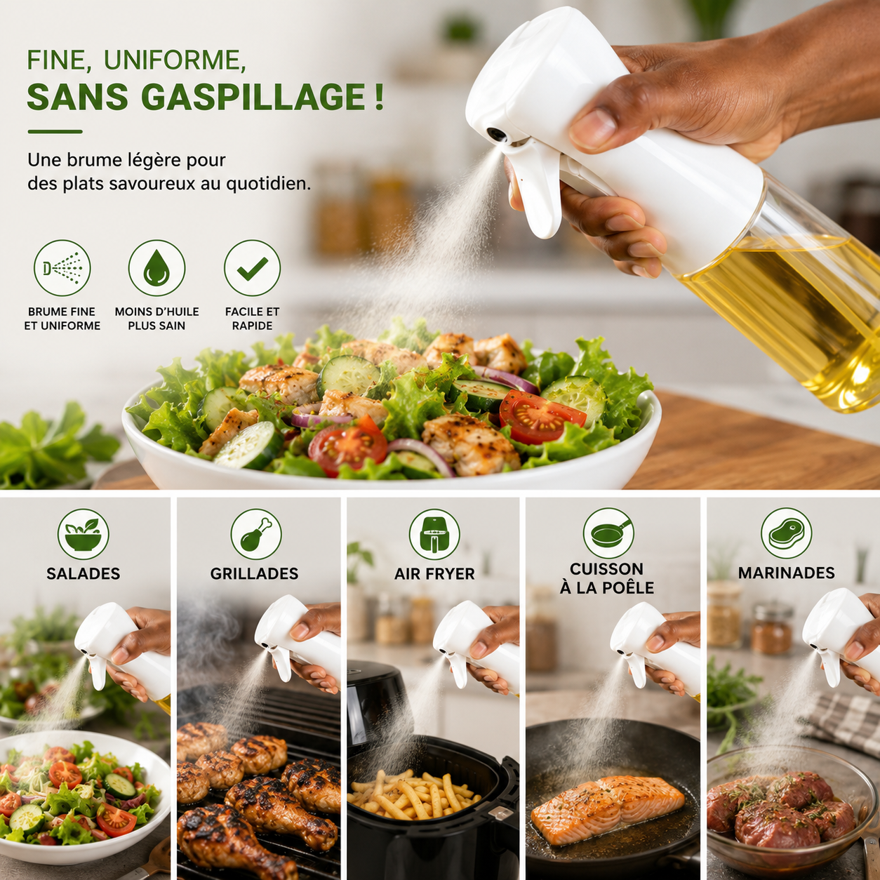 Pulvérisateur d’huile haute précision 300 mL : dosage contrôlé de l'huile, du vinaigre etc