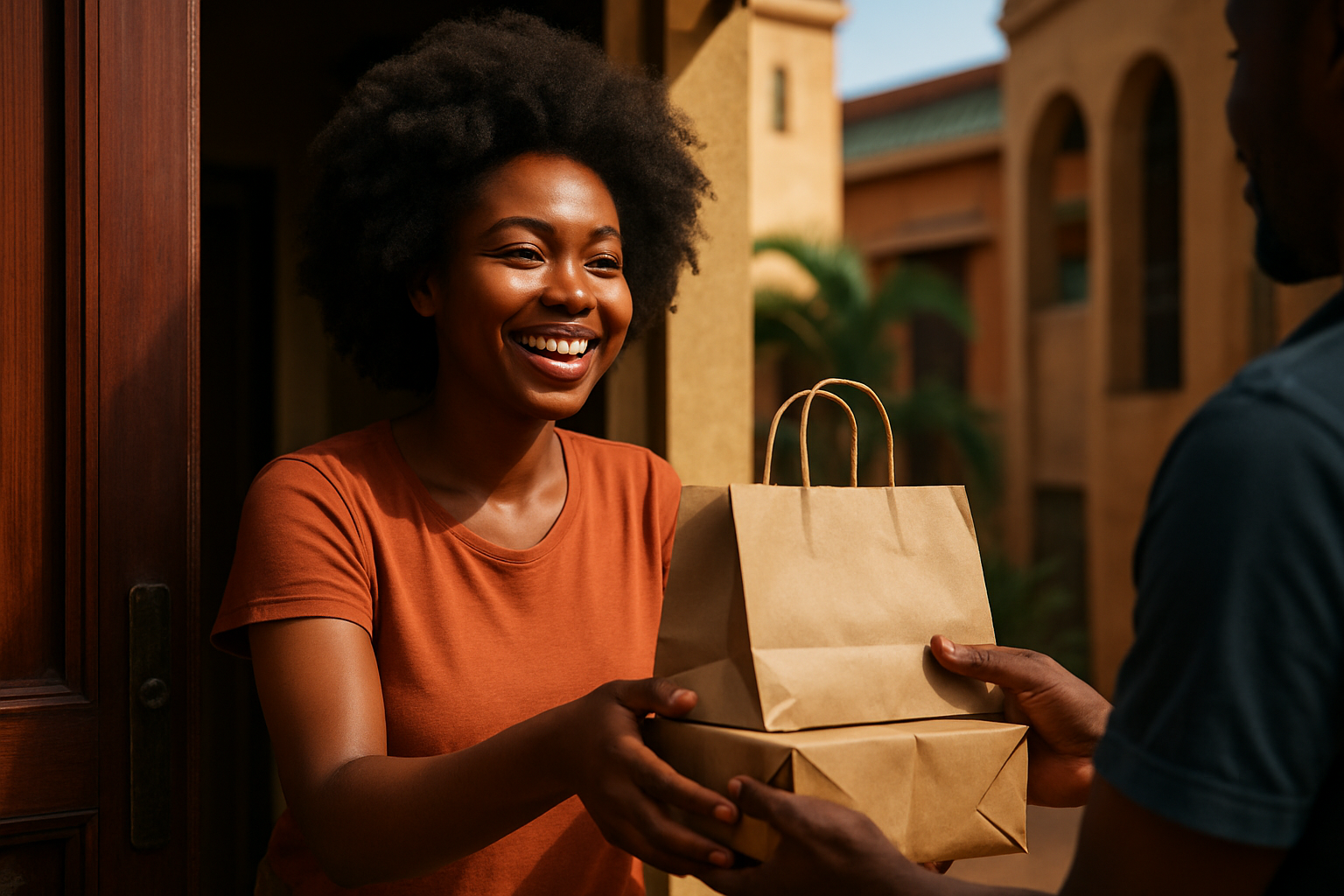 une femme africaine de teint caramel et aux cheveux afro, récupérant des sacs de livraison des mains du livreur, à la porte, toute souriante, photo hyper réaliste, contexte africain