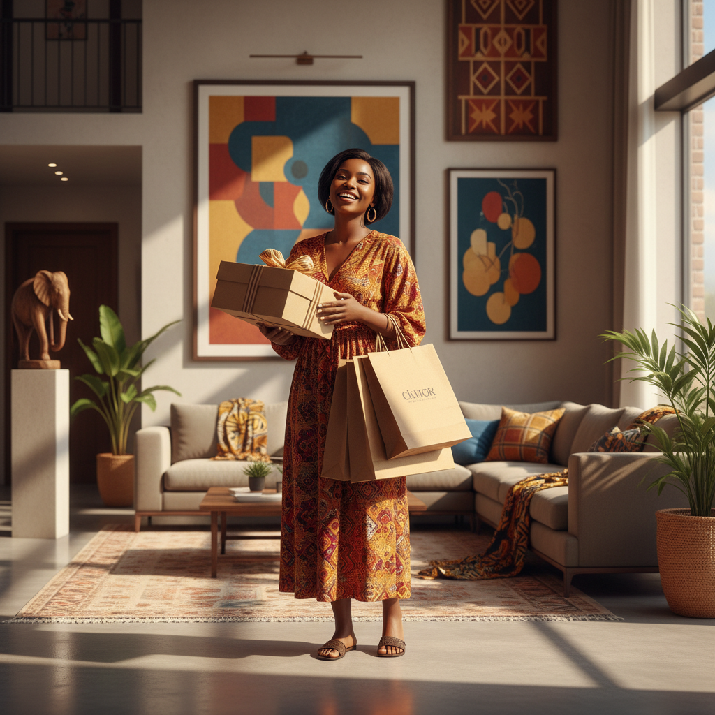 UNE IMAGE FORMAT CARRÉ QUI EXPRIME CETTE PHRASE : ''Achetez et faites-vous livrer partout et à tout moment 🥰''. JE VEUX UNE FEMME AFRICAINE SOURIANTE TEINT BRONZÉ, ENVIRONNEMENT LUMINEUX MODERNE EN INTÉRIEUR AVEC DÉTAILS AFRICAINS