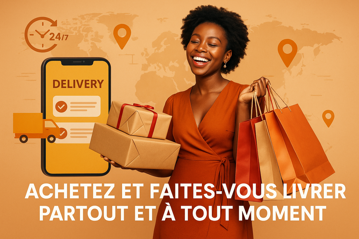 une image mettant en scène une femme africaine joyeuse et illustrant la phrase ''achetez et faites-vous livrer partout et à tout moment''