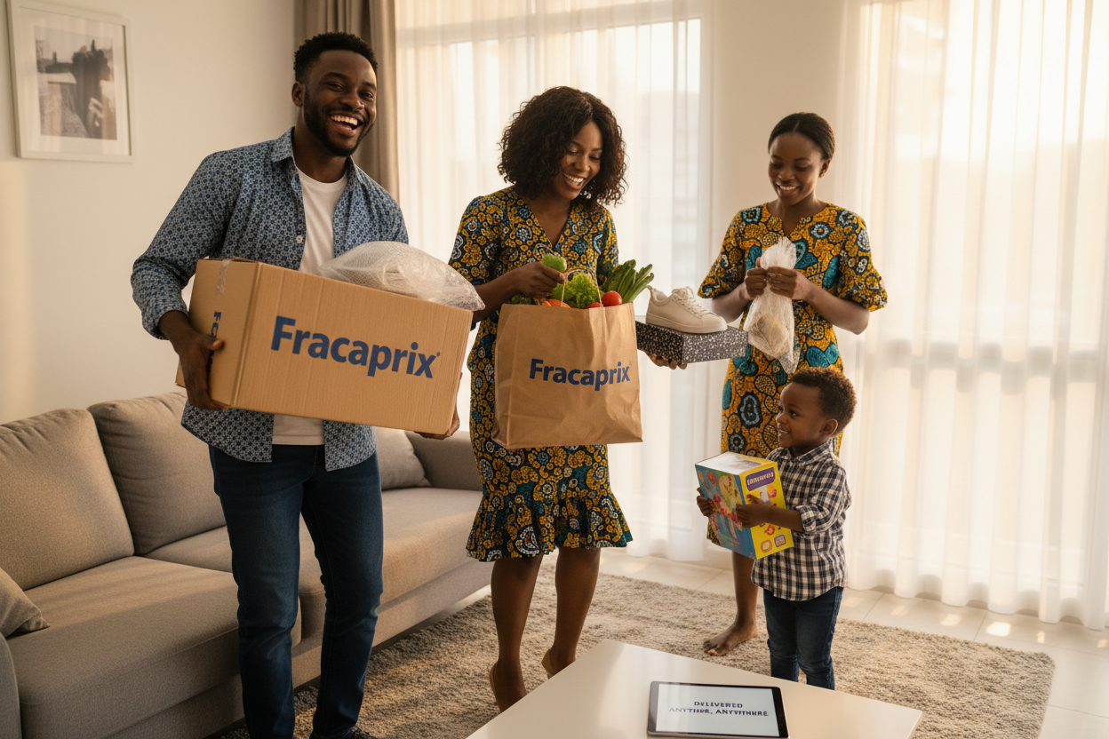 UNE IMAGE QUI EXPRIME / ILLUSTRE : ''Achetez et faites-vous livrer partout et à tout moment 🥰''. UNE FAMILLE AFRICAINE, JEUNES PARENTS PAPA MAMAN UNE FILLETTE ET UN PETIT GARÇON, TOUS HEUREUX CHACUN TENANT DANS SES MAINS UN OBJET / un paquet QU,il a commandé et qui lui a été livré. sur les paquets il y a écrit le nom de la boutique ''Fracaprix''